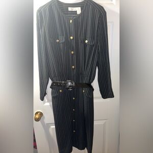 Vintage 90’s Liz Claiborne Black Pin Striped Dress with Gold Buttons& Black belt